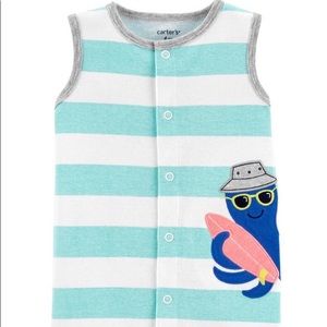 Carter's Baby Boys size 12 Month Aqua White Striped Octopus Snap-Up Romper NEW